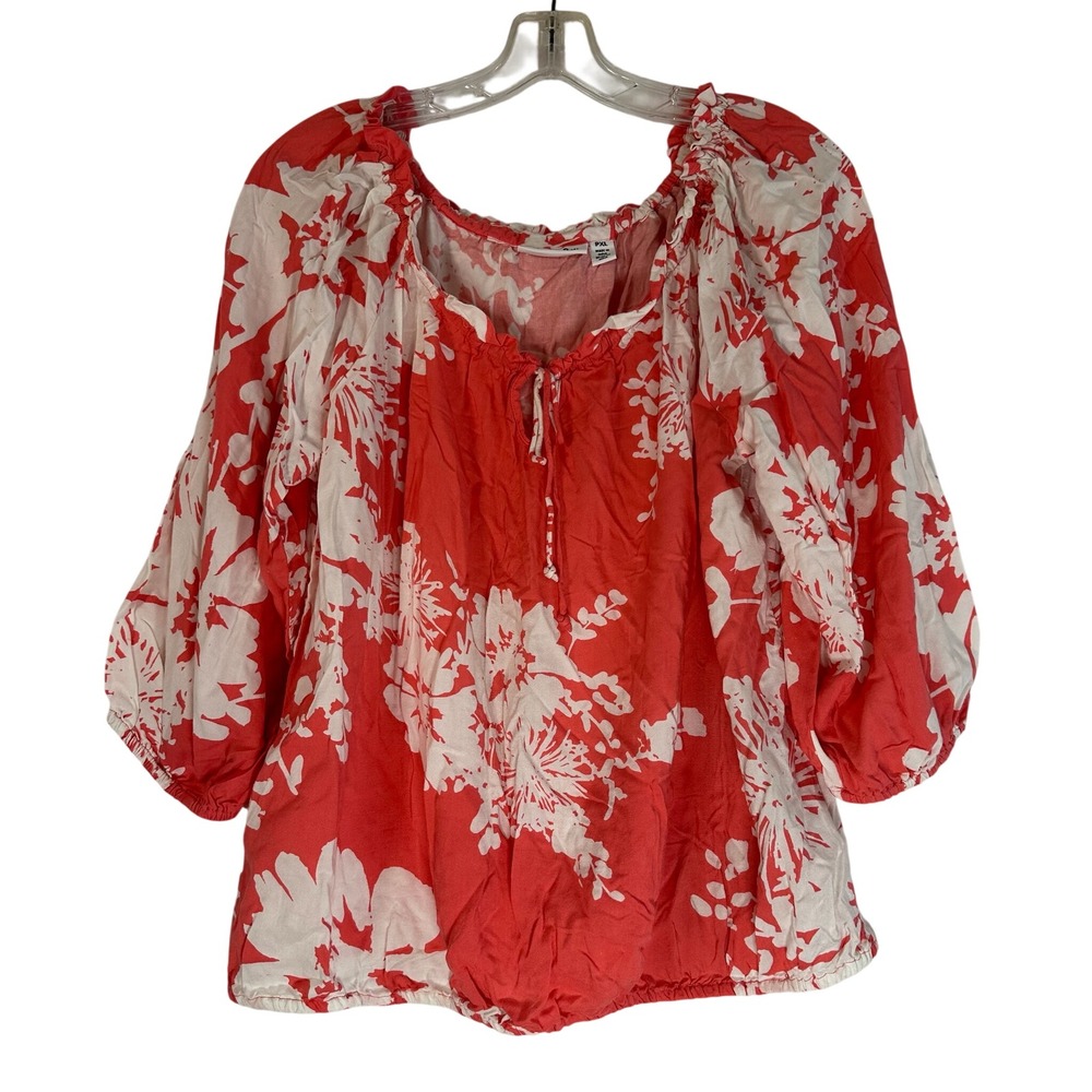 St Johns Bay Coral White Floral Viscose Peasant Blouse PXL 3/4 Sleeve Boho Top